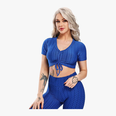 2-PC WHOLESALE WOEMEN HONEYCOMB LEGGING SHORT SLEEVE CROP CUT TOP & CAPRI FASHION SPORT SET - 3786