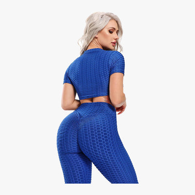 2-PC WHOLESALE WOEMEN HONEYCOMB LEGGING SHORT SLEEVE CROP CUT TOP & CAPRI FASHION SPORT SET - 3786