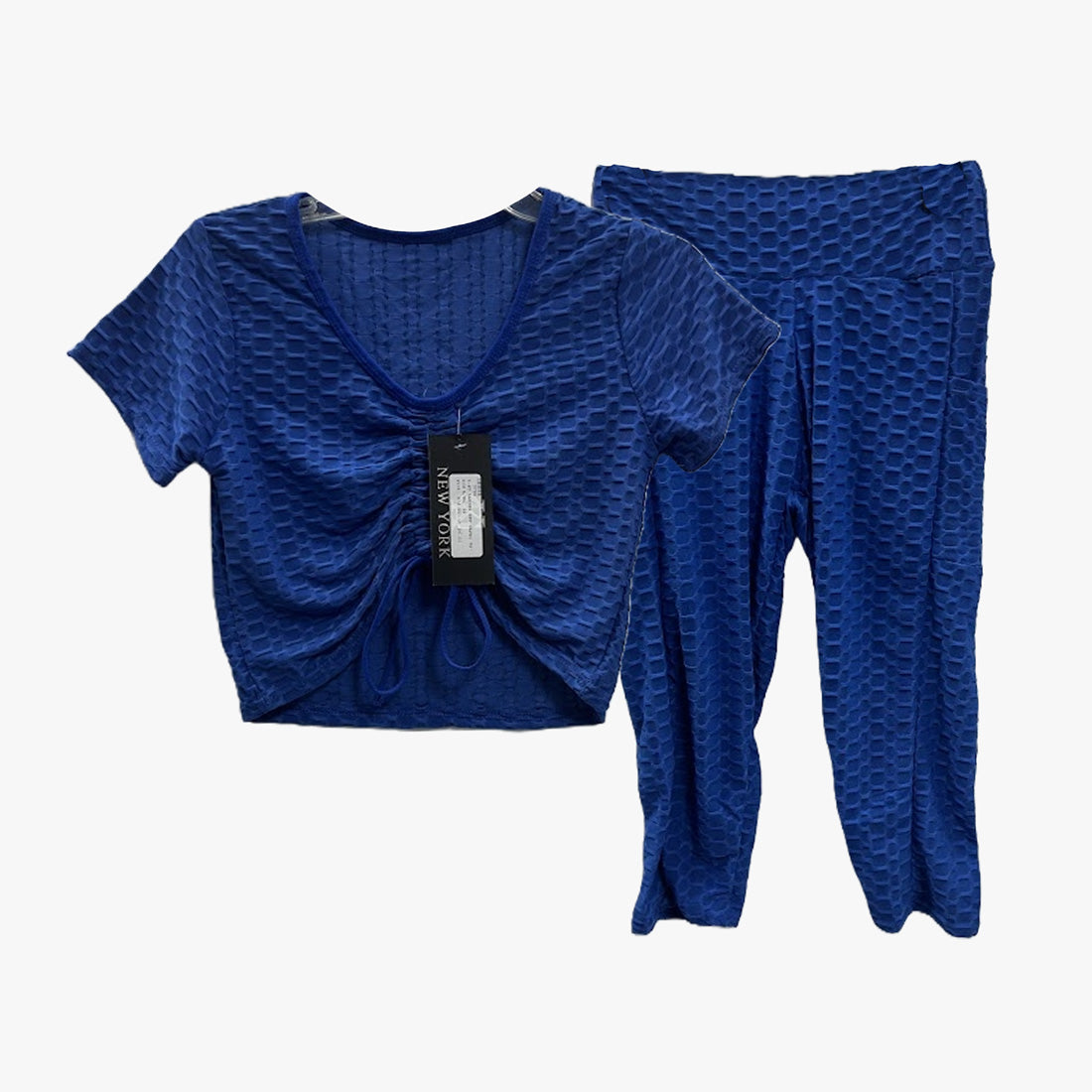 2-PC WHOLESALE WOEMEN HONEYCOMB LEGGING SHORT SLEEVE CROP CUT TOP & CAPRI FASHION SPORT SET - 3786