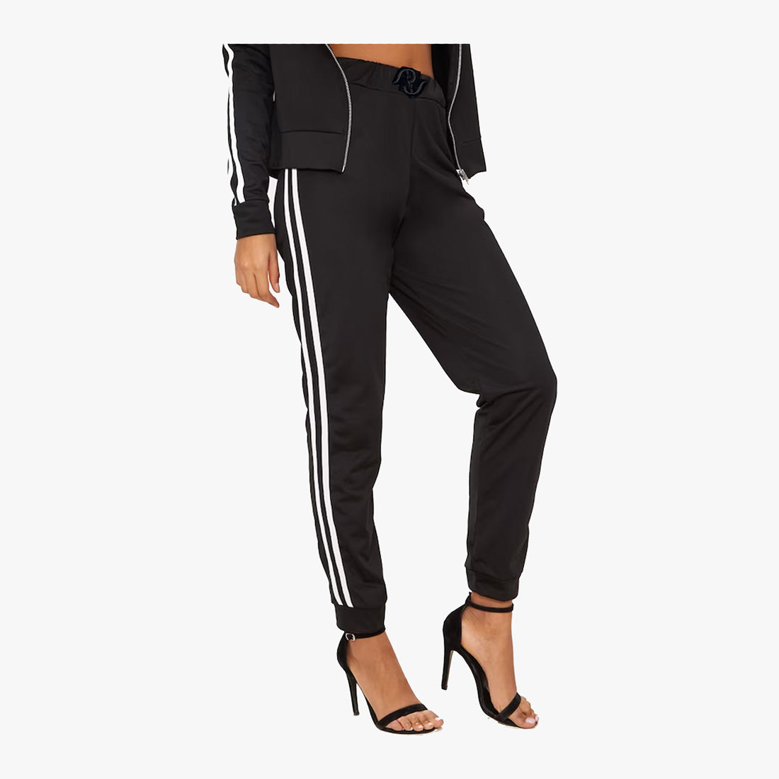 LADIES STRIPED TRAINING SWEATPANTS FRONT LACE WITH POCKETS ONE SIZE BLACK - 3608