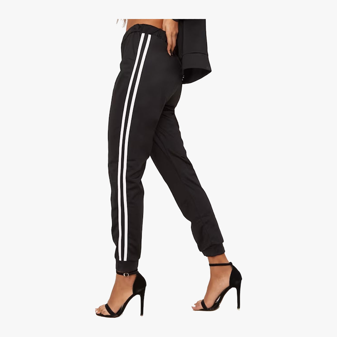 LADIES STRIPED TRAINING SWEATPANTS FRONT LACE WITH POCKETS ONE SIZE BLACK - 3608