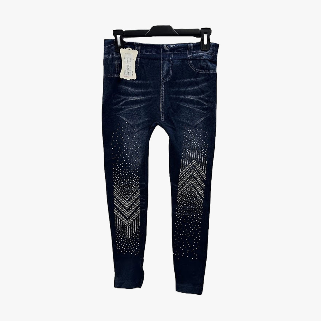 LADIES FLEECE LINED JEANS LOOK LEGGINGS ONE SIZE PANTS BLUE WITH REIHNSTONES (641311) - 3609