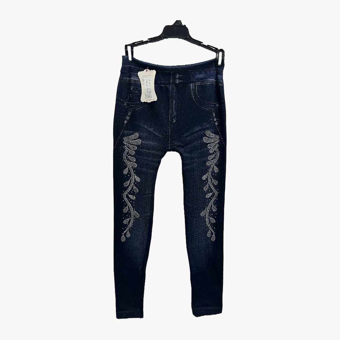 LADIES FLEECE LINED JEANS LOOK LEGGINGS ONE SIZE PANTS NAVY WITH REIHNSTONES (641189) - 3617