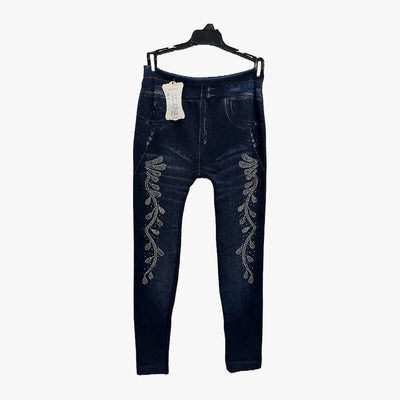 LADIES FLEECE LINED JEANS LOOK LEGGINGS ONE SIZE PANTS NAVY WITH REIHNSTONES (641189) - 3617