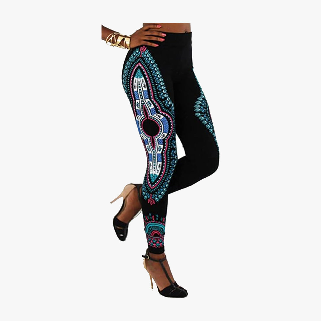 LADIES TRADITIONAL DASHIKI PRINT BLACK LEGGING PANTS ONE SIZE ASSORTED (J&W) - 3655