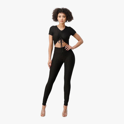 2-PC LADIES HONEYCOMB LEGGING SHORT SLEEVE CROP CUT TOP & PANTS SET ASSORTED COLORS SIZES FROM SMALL TO X L- 3785