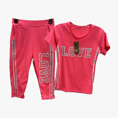 2-PC LADIES SHORT SLEEVE CAPRI TRAINING SET LOVE PINK - 3788