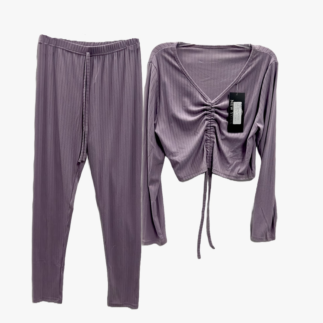 2-PC LADIES CROP-TOP LONG SLEEVE TOP PANTS SET NEW YORK ASSORTED COLORS (TS 147) - 3820