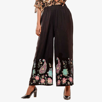 S.CHRISTINA COLLECTION BLACK GLITTER STRASS WOMEN'S PALAZZO PANTS WITH COLORFUL TEXTURES - 69282