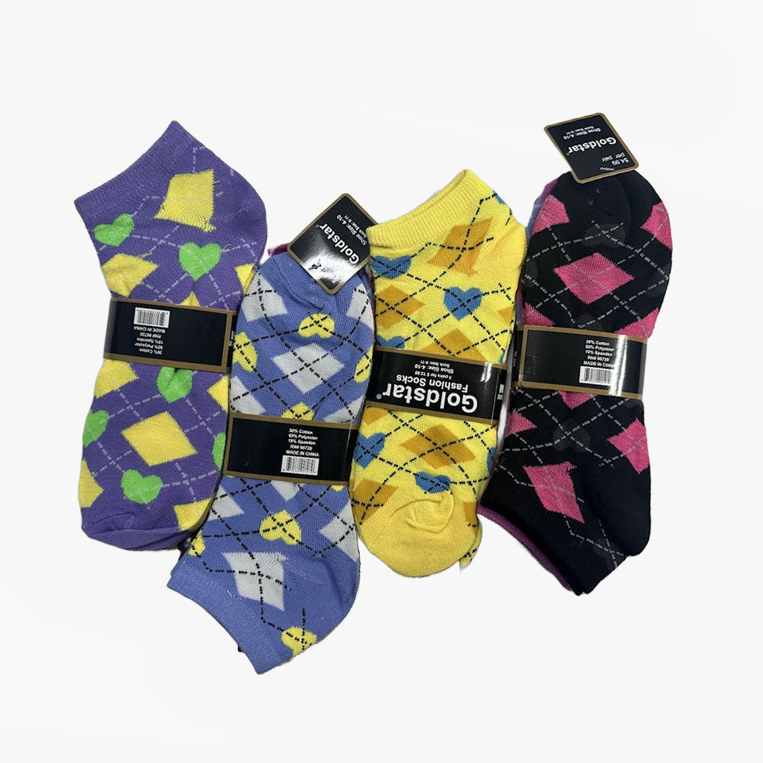 WHOLESALE GOLDSTAR WOMEN LOWCUT SOCKS ARGYLE PATTERN ASSORTED COLORS SIZE 9-11 (2010A)