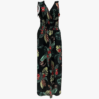 WHOLESALE EXOTIC LEAF PRINT CROSS-BACK MAXI DRESS ASSORTED COLORS - 670124