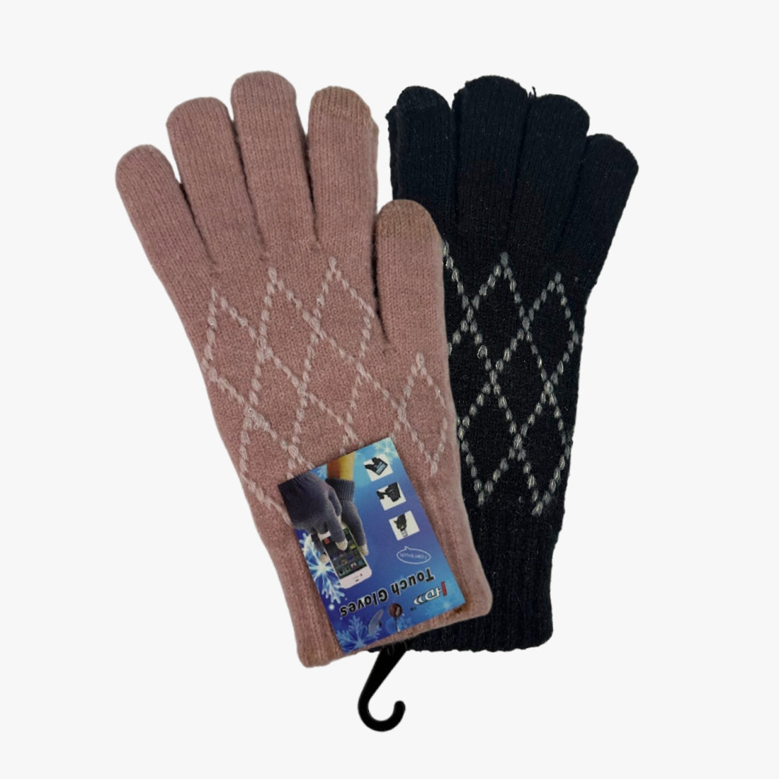 WOMEN FLEECE LINED WINTER TOUCH GLOVES 2 FINGERS ASSORTED COLORS (201762) - 6858
