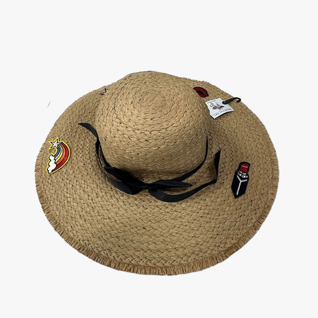 WIDE BRIM STRAW SUN HATS WITH STICKERS ASSORTED COLORS - 20209