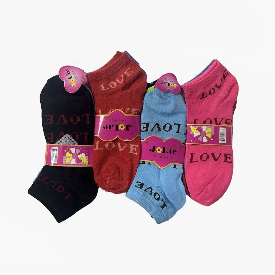 JO-LIE WOMEN LOWCUT SOCKS LOVE TEXT AND HEART LOGO SIZE 9-11 SOLID ASSORTED COLORS (2029A)