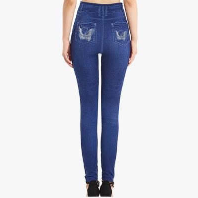 Z-FASHION DENIM LOOK LEGGINGS BUTTERFLIES DESIGN DARK AND LIGHT BLUE ASSORTED SIZES SMALL/MEDIUM AND LARGE/XLARGE (HF-1012))