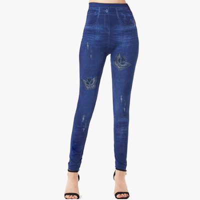 Z-FASHION DENIM LOOK LEGGINGS BUTTERFLIES DESIGN DARK AND LIGHT BLUE ASSORTED SIZES SMALL/MEDIUM AND LARGE/XLARGE (HF-1012))