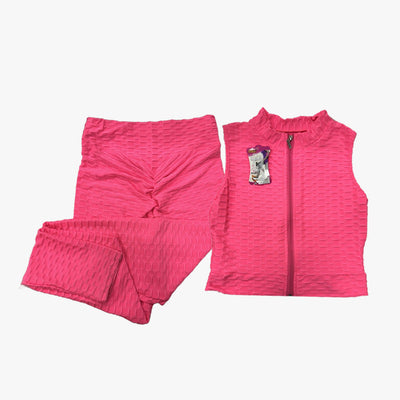 2-PC WOMEN HONEYCOMB TEXTURED BUT-LIFTING LEGGING PANTS AND SLEEVELESS TOP WITH ZIPPER YOGA SET (1204) - 3790