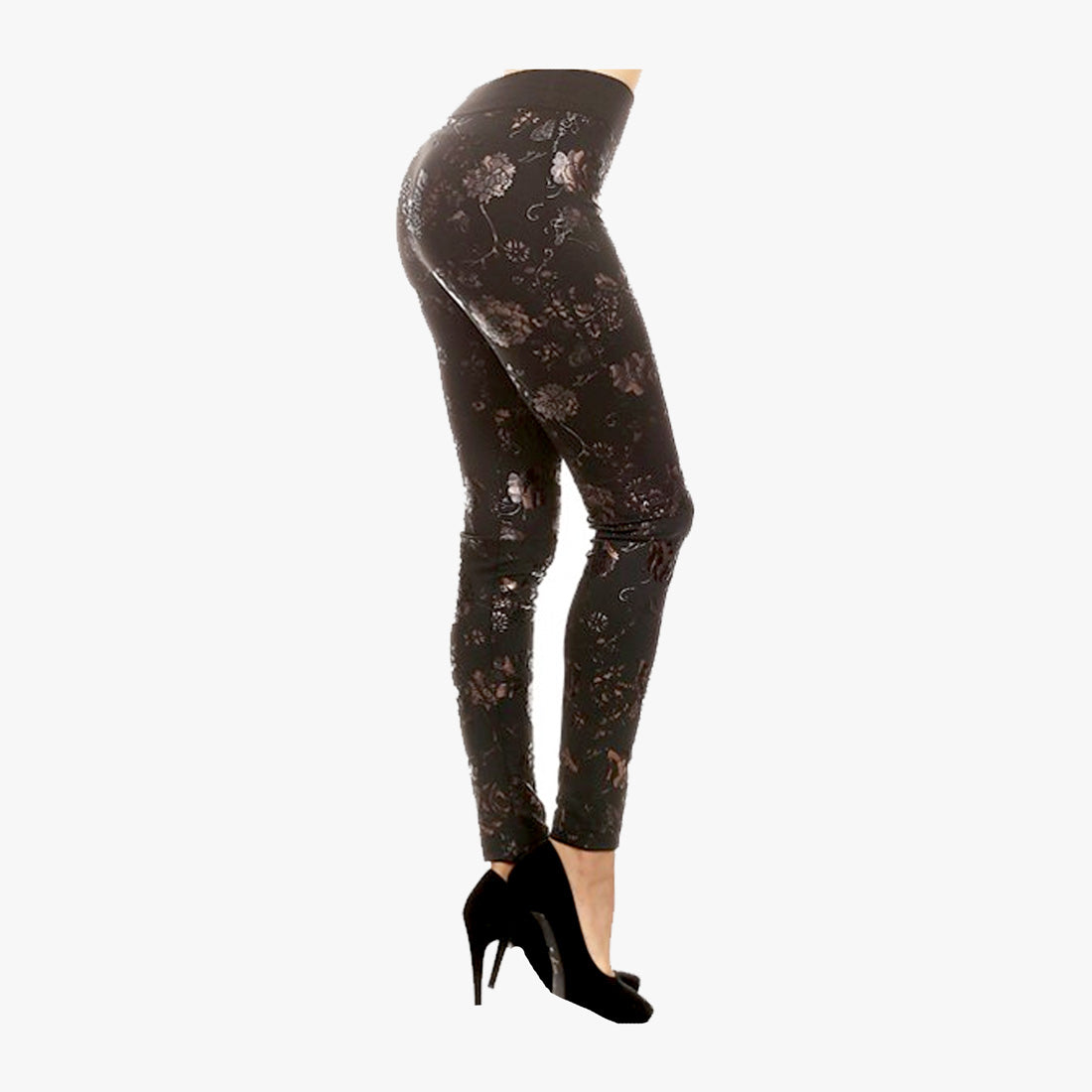 LADIES METALLIC FLORAL LEAVES PRINT LEGGINGS PANTS ONE SIZE (823MP030) - 3531