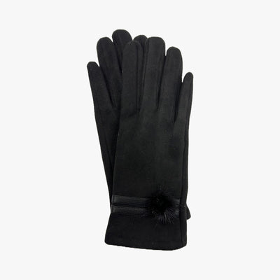 WOEMEN POM POM FAUX SUEDE FUR-LINED WARM WINTER GLOVES WITH TOUCH FUNCTION (HY-7981) - 6862