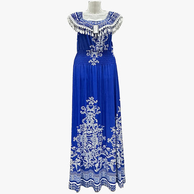 WHOLESALE EMBROIDERED TASSEL TRIM MAXI DRESS ASSORTED COLORS - 670123