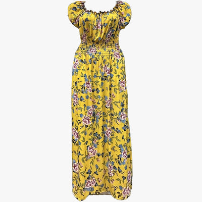 WHOLESALE SUNNY FLORAL PUFF-SHOULDER SLEEVE MAXI DRESS ASSORTED COLORS - 670125