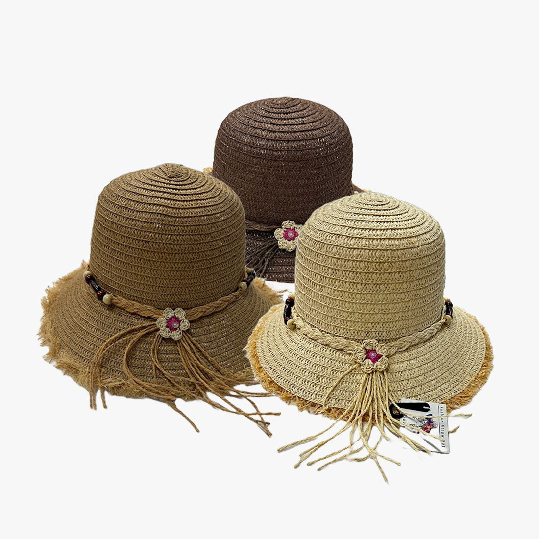 WOMEN BOHO CHIC FRINGED STRAW SUMMER SUN HATS – ASSORTED COLORS (120851) - 60205