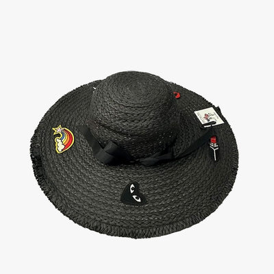WIDE BRIM STRAW SUN HATS WITH STICKERS ASSORTED COLORS - 20209