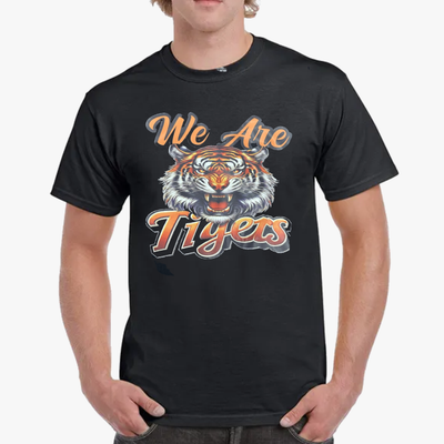 UNITED TEXTILE WHOLESALE GRAPHIC BLACK COTTON TEES WE ARE TIGERS LOGO ASSOTRED SIZES MEDIUM TO 2XL